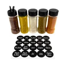 Kit 5 Potes de Plástico Tempero Condimento com Tampa Dosadora Dupla + Etiquetas