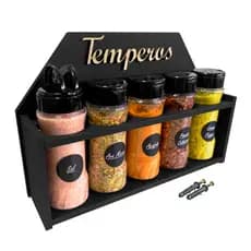 Porta Tempero de Madeira para Parede ou Bancada Mesa com 5 Potes 130ml + Etiquetas Buchas Parafusos
