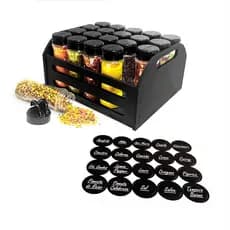 Suporte Tempero Caixote Reforçado com 20 Potes 130ml Tampa Dupla + Etiquetas Temperos Condimentos Cozinha