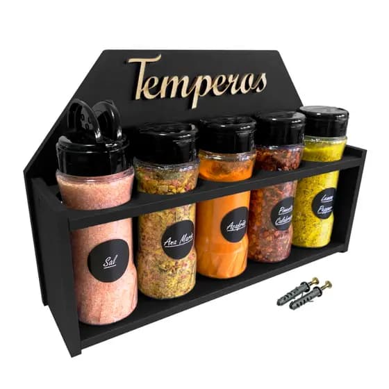 Suporte de Tempero Condimentos com 5 Potes 130ml Tampa Dupla com Etiquetas