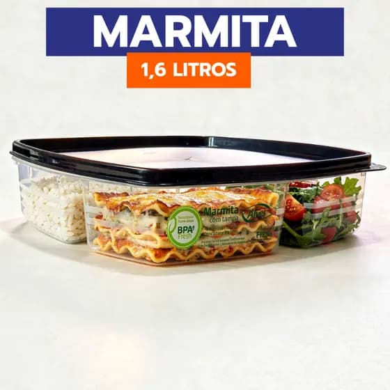 1 Marmita com 4 Divisórias Livre BPA com Capacidade 1,6 Litros Tampa Preta