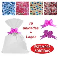 Saco Embalagem para Presente Kit com 10 unidades + Laços 25x36