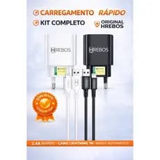 Carregador iPhone Original Hrebos + Cabo Lightning 1m | Turbo Rápido 2.4A Bivolt iPhone 5 ao 13 Pro Max
