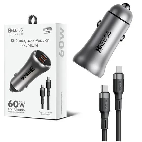 Carregador Veicular Turbo 60W Hrebos Premium com Cabo USB-C Duplo – Super Rápido e Potente