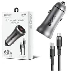 Carregador Veicular Turbo 60W Hrebos Premium com Cabo USB-C Duplo – Super Rápido e Potente