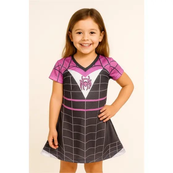 Vestido Fantasia menina Infantil Super Heróis Festa Aniversario, festa escolar Mulher Aranha GWEN