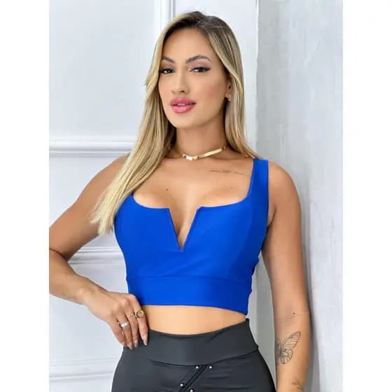 Cropped Retro com Decote em Aro V Alcinha Grossa Feminino Nova Tendência Blogueira Verão