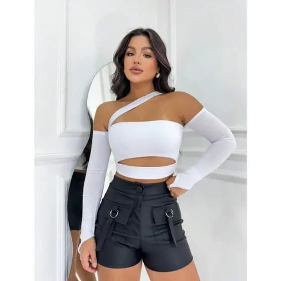 Cropped Maya Recortes Faixa Manga Longa Moda Blogueira Famosa Com Bojo Feminina Decotado Ombro a Ombro