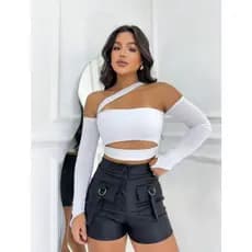 Cropped Maya Recortes Faixa Manga Longa Moda Blogueira Famosa Com Bojo Feminina Decotado Ombro a Ombro