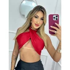 Top Cropped Transpassado com bojo Em Cirre Com Amarração no Pescoço Multiformas Moda Blogueira Verão Festas