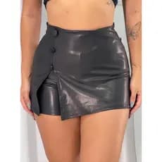 Short Saia 3 Botões Bengaline Com Fenda Lateral Cintura Alta Couro Festa Juninina Modinha Estilo Conforto