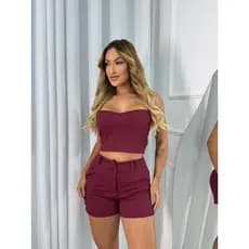 Conjunto Mabel Top Cropped Tomara que Caia Decote Coração e Short Botão com Bolso Cintura Alta Novidade Moda Feminina
