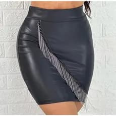 Saia Feminina Cintura Alta Curta com Detalhe em Franja na Vertical Moda Rodeio Tendencial Feminina