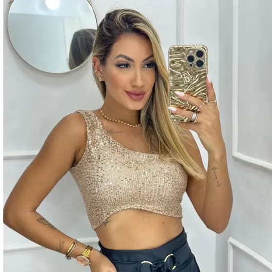 Cropped Paetê Mula Manca Brilho Feminino Blusa Decotada Um Ombro Só Tendencia Blogueira Festa Balada