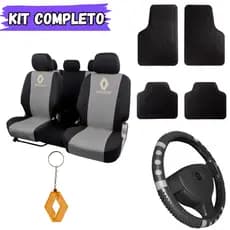 Kit Capas de Banco Couro+Tapete+Volante Carro Reno Renault Duster Clio Logan Sandero Symbol Fluence