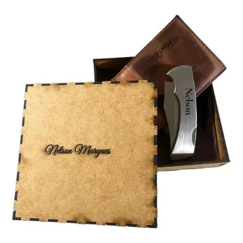 Kit Presente Personalizado Canivete + Carteira Couro + Caixa MDF | Presente Criativo Elegante
