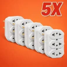 Kit com 5 Adaptadores de Tomada 3 Saídas (2x10A + 1x20A) Plug Triplo Bivolt Reforçado