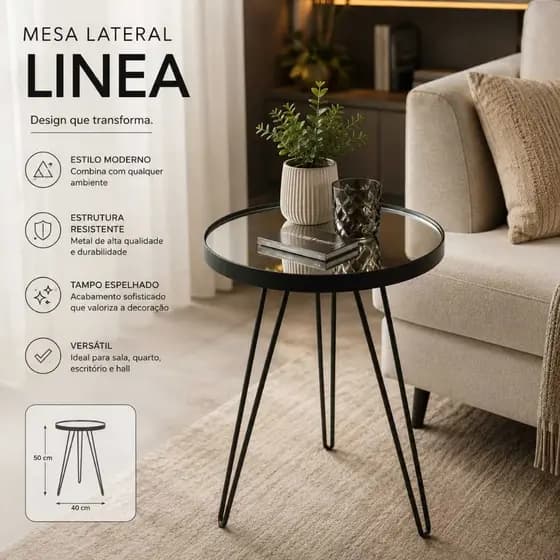 Mesa Lateral Tripé em Aço Estilo Industrial Tampo Redondo com Espelho