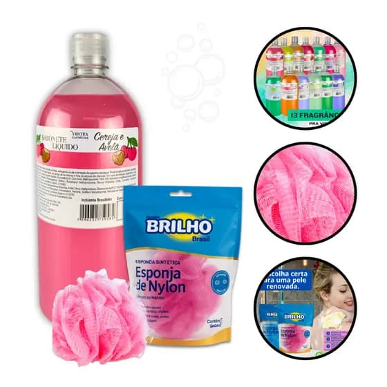 Kit Sabonete Líquido 1L + Bucha de Banho | cores sortidas