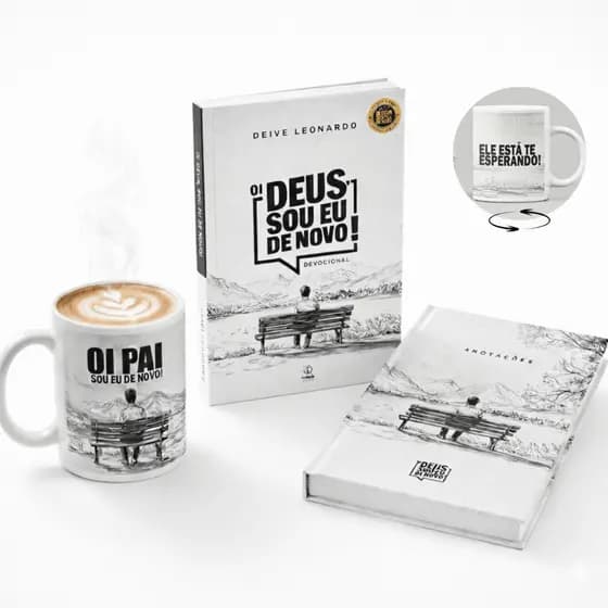 Kit Devocional Oi Deus Sou Eu de Novo Livro Deive Leonardo + Caneca + Caderno-Presente Cristão Capa Dura