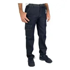 Calça Jeans Masculina Cargo Com Bolsos Na Perna Azul Escuro