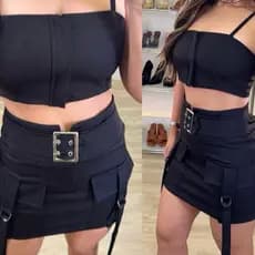 Conjunto Feminino Saia com Cinto + Cropped Alça Fina –Moda Fashion 2026-Tamanho Único