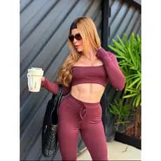 Conjunto Feminino Rosa Penélope Suplex Manga Longa Calça Flare Moda Blogueira Tamanho Único