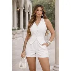 Conjunto Feminino Alfaiataria Premium Short Cintura Alta Colete Acinturado Elegante Social Casual 2026