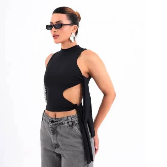 Cropped Feminino Assimétrico com Amarração Lateral | Poliamida Premium | Zero Transparência | Sem Bojo