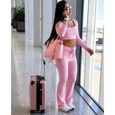 Conjunto Feminino Cropped Manga Longa e Calça Flare Rosa Bebê Suplex Com Elasticidade