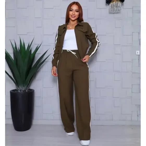Conjunto Feminino Elegante Pantalona Sport Chic Manga Longa com Zíper Moda Blogueira Premium