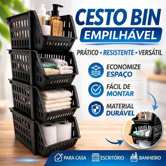 Kit 20 Cesto Caixa Bin Empilhavel Preto Expositor Organizador Estoque Loja Plastico Preto 13x25cm
