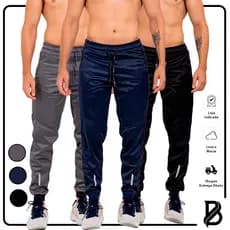 KIT 3 Calça Jogger Masculina Esportiva DRYFITNESS C/ Zíper Refletivo - Academia e Casual