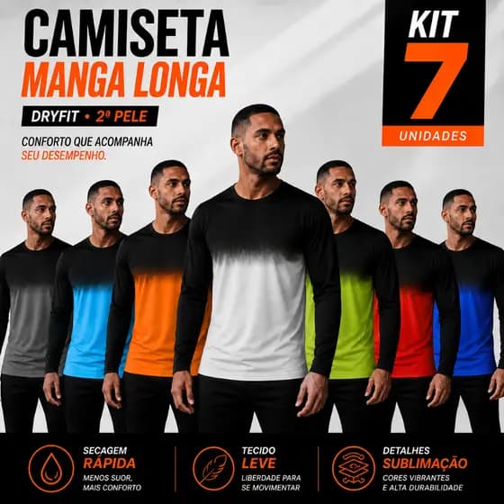 Kit 7 Camisa Dry Fit Manga Longa Masculina Fitness Treino UV