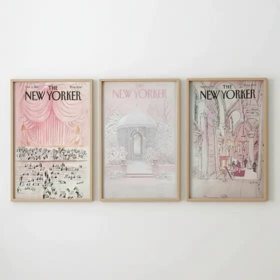 Quadros decorativos New Yorker capas vintage rosa pastel arquitetura (3 peças)