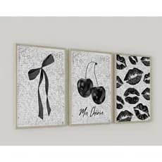 Quadros decorativos Aesthetic preto laço, beijos e cereja moda ma cherie  quarto sala cozinha(3 peças)