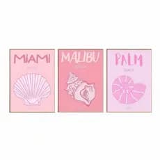 Quadros decorativos Conhchas rosa praias Miami, Malibu e Palm (3 peças)