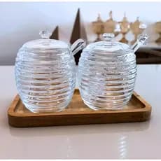 Kit 3 Peças Meleira Açucareiro Cristal e Bandeja de Bambu Lyor