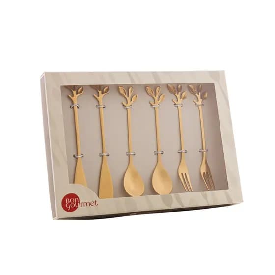 kIT 6 Talheres Colheres Leaves Folhas Aço Inox Wolff Dourado Colher Garfo e Espátulas