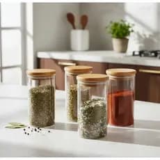 Kit 4 Potes de Vidro Com Tampa de Bambu Para Temperos Condimentos Wolff
