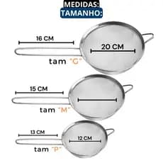 Kit 03 Peneira Coador Manual Em Aço Inox Para Cozinha 12cm 14cm 20cm
