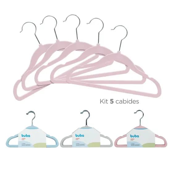 Kit 5 Cabides de Veludo Infantil Buba Antideslizante Slim para Roupas de Bebê Menino e Menina