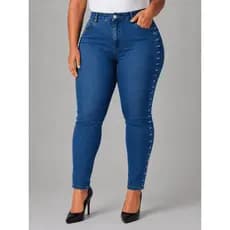 Calça Jeans Feminina Plus Size Cintura Alta Skinny Levanta Bumbum Com Detalhe Lateral e Lycra