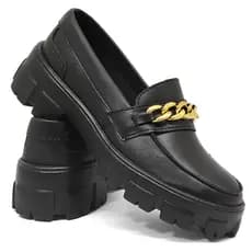 Mocassim Tratorado Chunky Oxford Tendência Preto Corrente Dourado