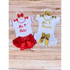 Roupa de Natal temático bebê Body natal + réveillon 2 conjuntos com calcinhas bunda rica luxo