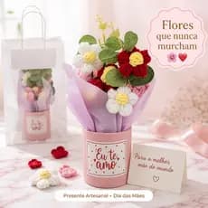 Buquê Flor Artificial Crochê Com Sacola Presente Criativo Dia das Mães Namorados Romantico