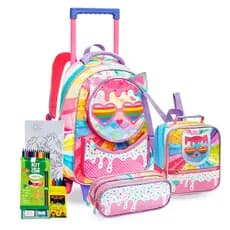 Kit Denlex Gatinho Colorido Mochila De Carrinho Estojo e Lancheira Térmica Coleção Arco-íris 2025