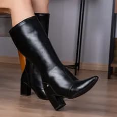 Bota Social Feminina Cano Alto Domidona Bico Fino Salto Alto Bloco