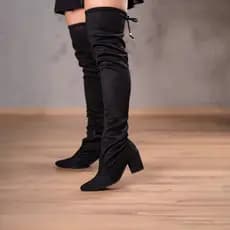 Bota Feminina Domidona Over The Knee Stretch Luxo Bico Fino Salto Grosso Confortável