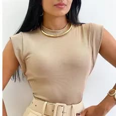 Blusa Feminina Muscle tee Lisa Ribana Canelada Algodão Gola Redonda Básica Social Elegante